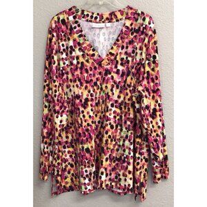 Belle by Kim Gravel Plus Women’s Sz 2X Pink Print Blouse Top V-neck Triple Luxe